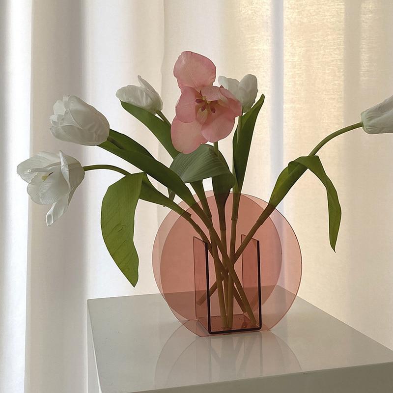 Geometric Vase Acrylic Pink Flowers